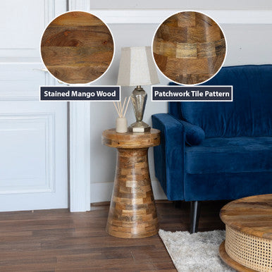 Mango Wood Side Accent Table with Patchwork Tile Pattern