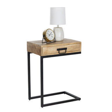 C-Shaped Mango Wood Side Table with Drawer, Metal Base Accent Table