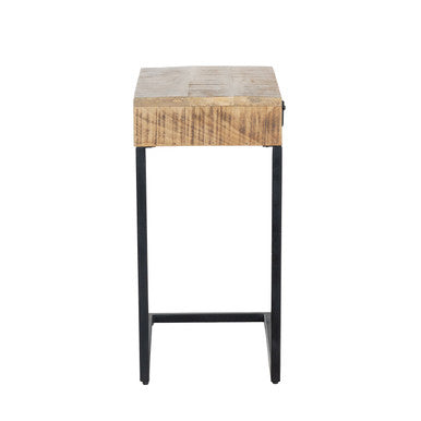 C-Shaped Mango Wood Side Table with Drawer, Metal Base Accent Table