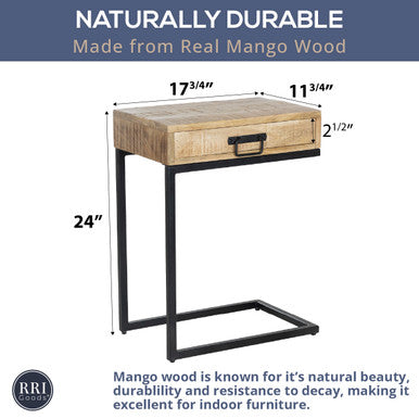 C-Shaped Mango Wood Side Table with Drawer, Metal Base Accent Table