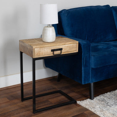 C-Shaped Mango Wood Side Table with Drawer, Metal Base Accent Table