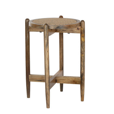Round Mango Wood Side Accent Table with Rattan Cane Webbing Top