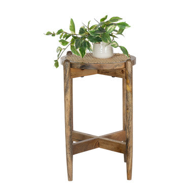 Round Mango Wood Side Accent Table with Rattan Cane Webbing Top
