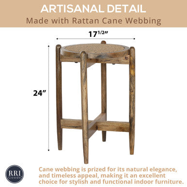 Round Mango Wood Side Accent Table with Rattan Cane Webbing Top