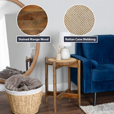 Round Mango Wood Side Accent Table with Rattan Cane Webbing Top