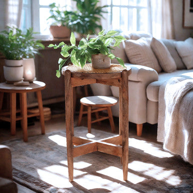 Round Mango Wood Side Accent Table with Rattan Cane Webbing Top