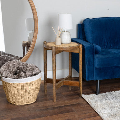 Round Mango Wood Side Accent Table with Rattan Cane Webbing Top