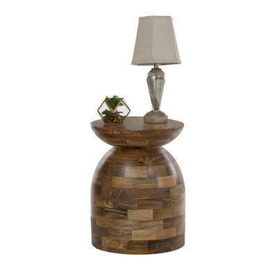 16" Round Mango Wood Side Accent Table with Patchwork Tile Design