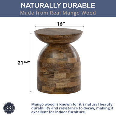 16" Round Mango Wood Side Accent Table with Patchwork Tile Design