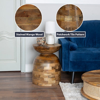16" Round Mango Wood Side Accent Table with Patchwork Tile Design