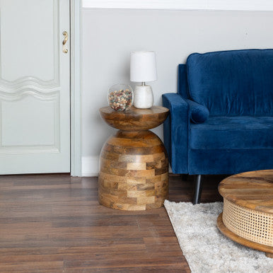 16" Round Mango Wood Side Accent Table with Patchwork Tile Design
