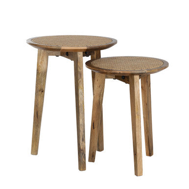 Set of 2 Round Nesting Side Tables, Mango Wood & Rattan Cane Webbing
