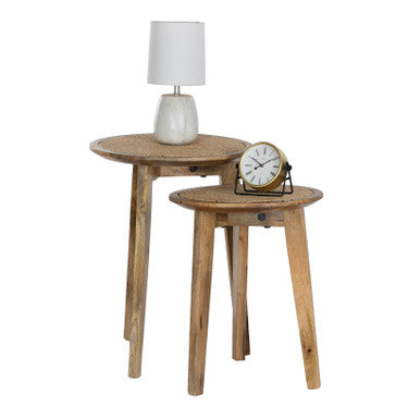 Set of 2 Round Nesting Side Tables, Mango Wood & Rattan Cane Webbing