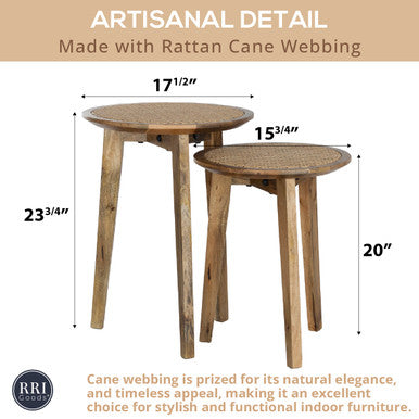 Set of 2 Round Nesting Side Tables, Mango Wood & Rattan Cane Webbing