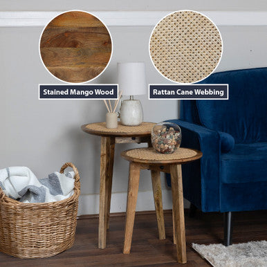 Set of 2 Round Nesting Side Tables, Mango Wood & Rattan Cane Webbing