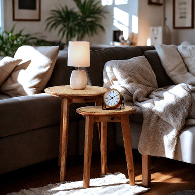 Set of 2 Round Nesting Side Tables, Mango Wood & Rattan Cane Webbing