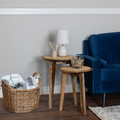 Set of 2 Round Nesting Side Tables, Mango Wood & Rattan Cane Webbing