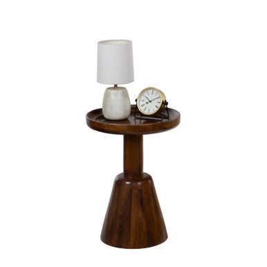 Mango Wood Round Accent Table – Rimmed Top With Tapered Base Side Table