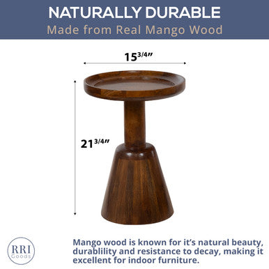 Mango Wood Round Accent Table – Rimmed Top With Tapered Base Side Table