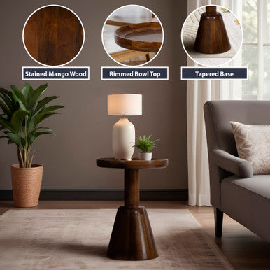 Mango Wood Round Accent Table – Rimmed Top With Tapered Base Side Table