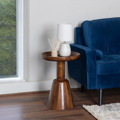 Mango Wood Round Accent Table – Rimmed Top With Tapered Base Side Table