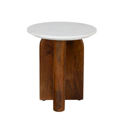 Modern Round Side Table with Marble Top & Wood Base – Elegant Accent Table