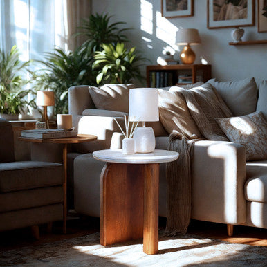 Modern Round Side Table with Marble Top & Wood Base – Elegant Accent Table