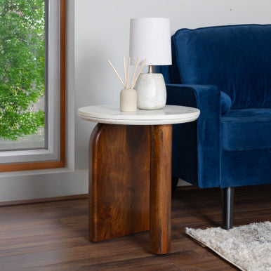 Modern Round Side Table with Marble Top & Wood Base – Elegant Accent Table