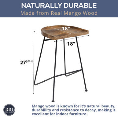 Modern Industrial Bar Stool with Stained Mango Wood Seat & Black Metal Base