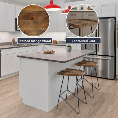 Modern Industrial Bar Stool with Stained Mango Wood Seat & Black Metal Base