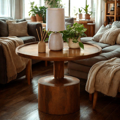Round Mango Wood Coffee Table – 27.5” Accent Table with Rimmed Top