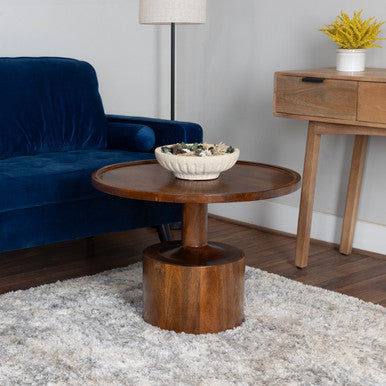 Round Mango Wood Coffee Table – 27.5” Accent Table with Rimmed Top