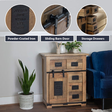 Rustic Mango Wood Storage Cabinet with Sliding Barn Door and Storage Drawers