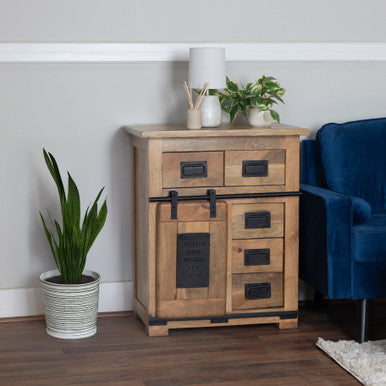 Rustic Mango Wood Storage Cabinet with Sliding Barn Door and Storage Drawers