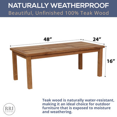 RRI Goods Teak Wood Outdoor Coffee Table, 24"X 48" Rectangular PatioTable
