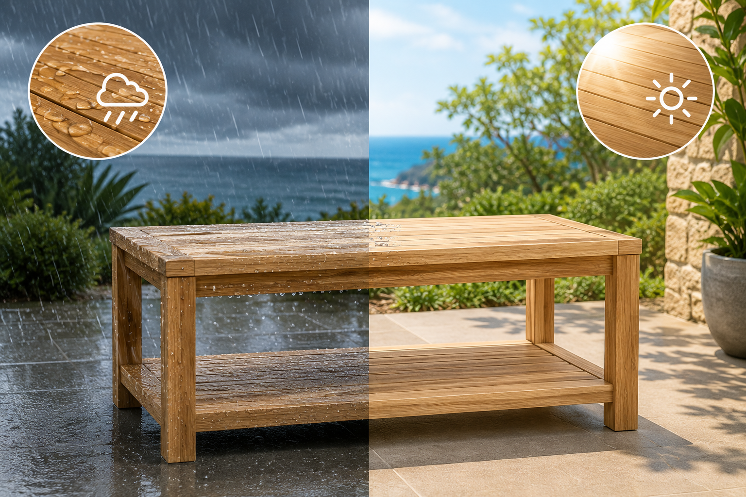 Teak Wood Coffee Table with Bottom Storage Shelf