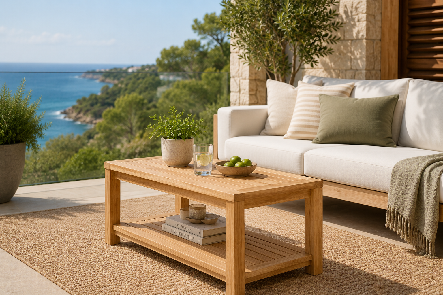 Teak Wood Coffee Table with Bottom Storage Shelf