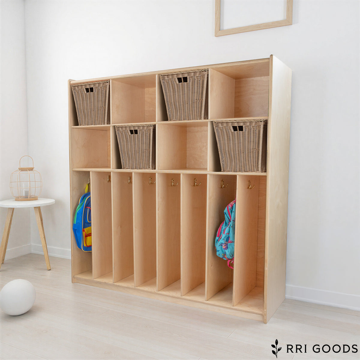 8-Section Kids Locker – Birch Plywood Storage Cabinet with Hooks, Ready to Assemble