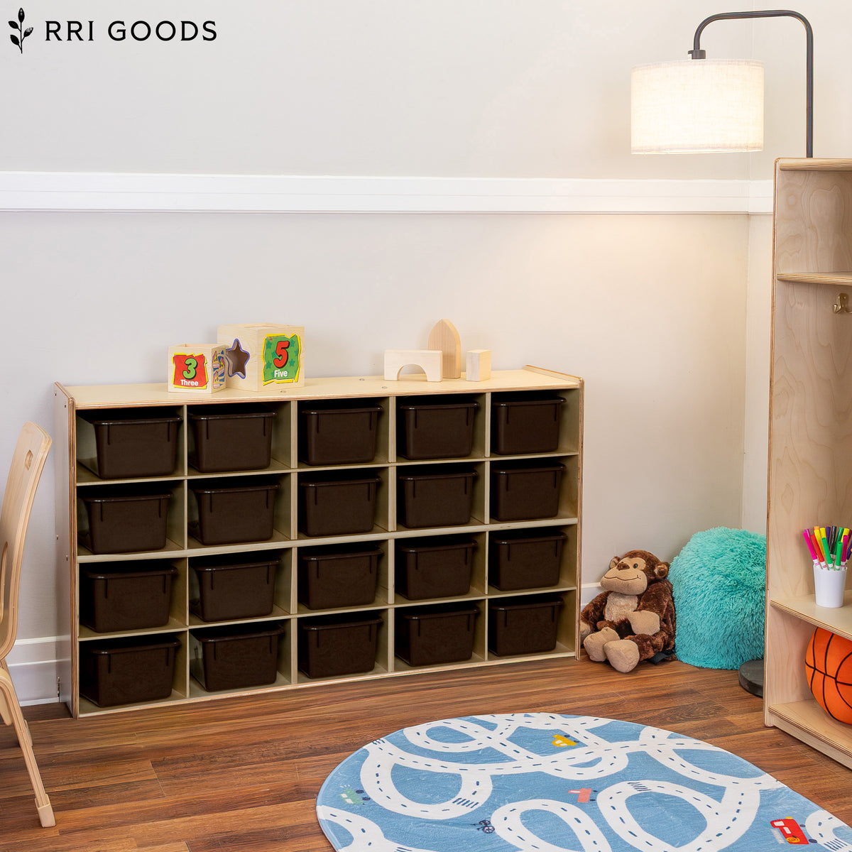 20-Cubby Storage Cabinet – Birch Plywood Kids Organizer with Brown Trays