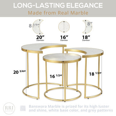 RRI Goods Modern White Marble & Gold Metal Frame Nesting Tables Set Of 3