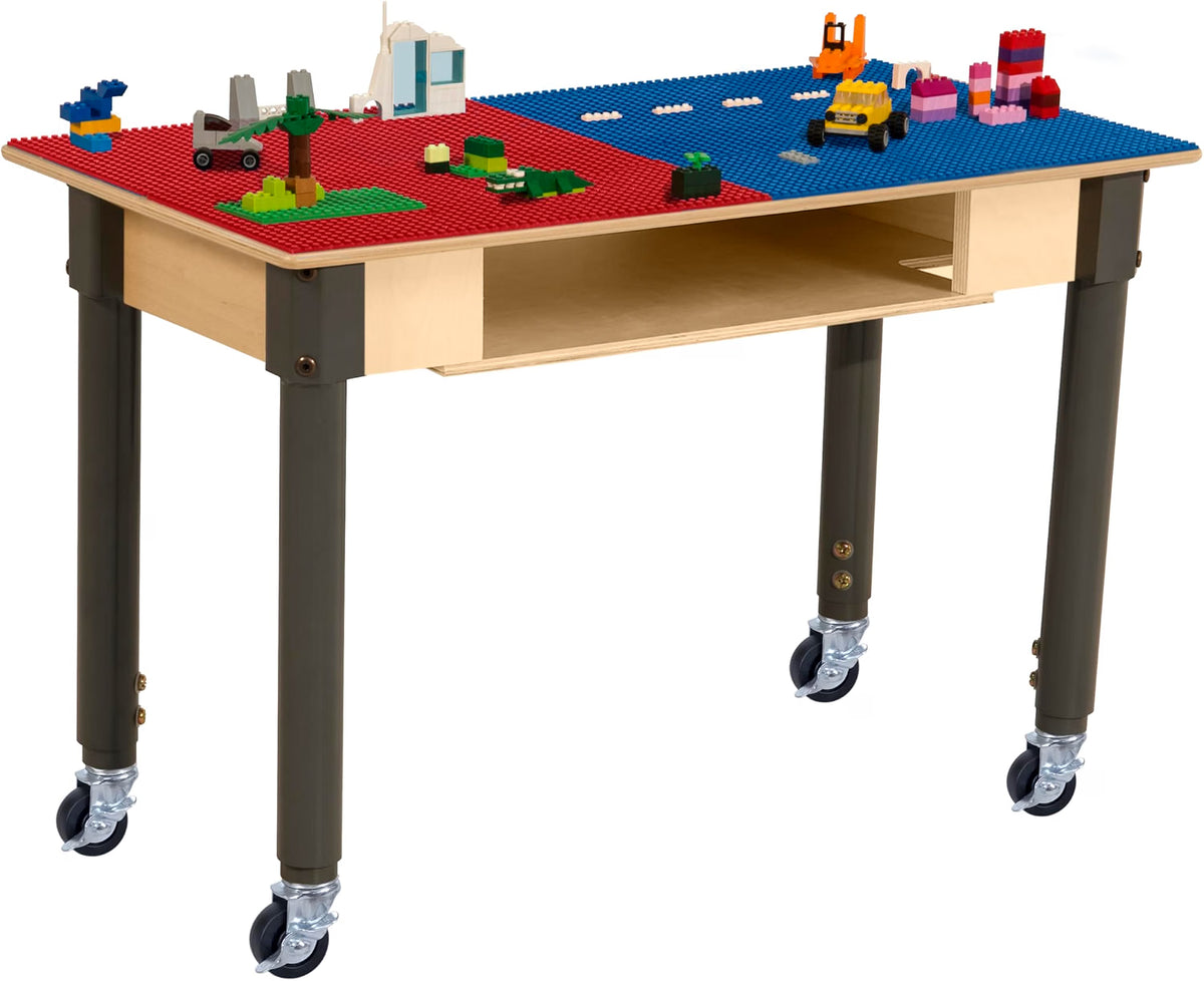 Rectangle Time-2-Play Table with a shelf, along with adjustable 18"-29" legs with locking casters and a LEGO® Compatible Grid of RED/BLUE Color