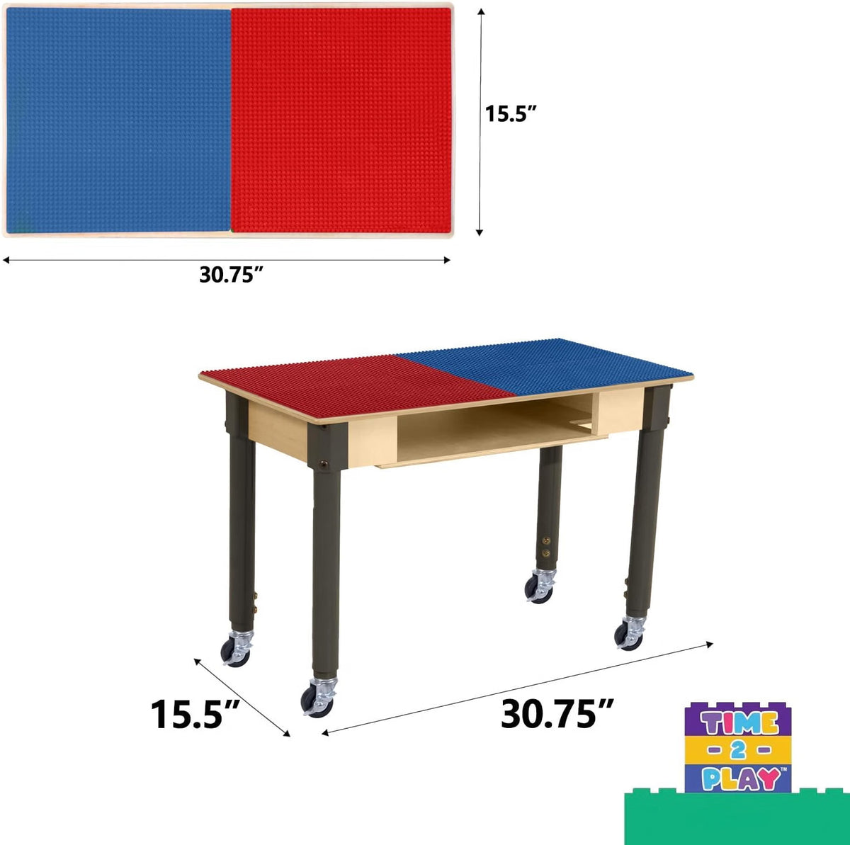 Rectangle Time-2-Play Table with a shelf, along with adjustable 18"-29" legs with locking casters and a LEGO® Compatible Grid of RED/BLUE Color