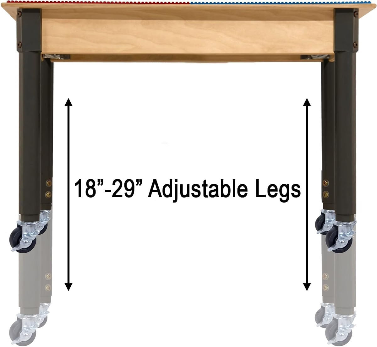 Rectangle Time-2-Play Table with a shelf, along with adjustable 18"-29" legs with locking casters and a LEGO® Compatible Grid of RED/BLUE Color