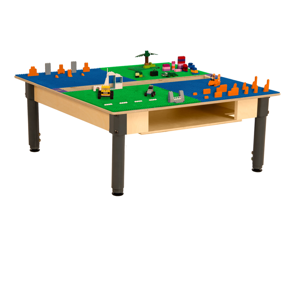 Square Time-2-Play Table with a trough and shelf, along with adjustable 12"-17" legs and a LEGO® Compatible Grid of BLUE/GREEN Color