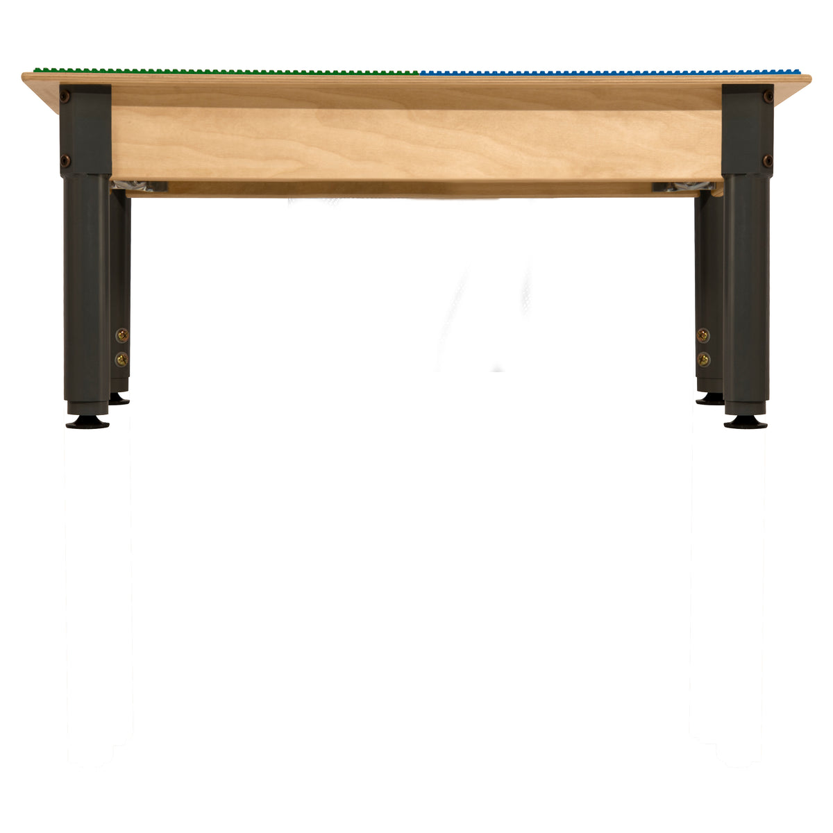 Square Time-2-Play Table with a trough and shelf, along with adjustable 12"-17" legs and a LEGO® Compatible Grid of BLUE/GREEN Color