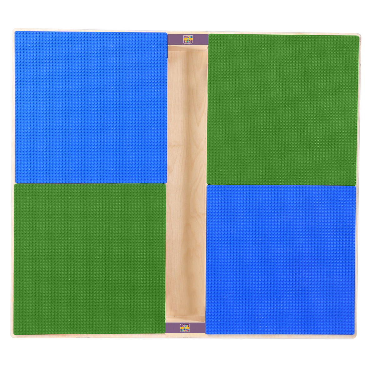 Square Time-2-Play Table with a trough and shelf, along with adjustable 12"-17" legs and a LEGO® Compatible Grid of BLUE/GREEN Color
