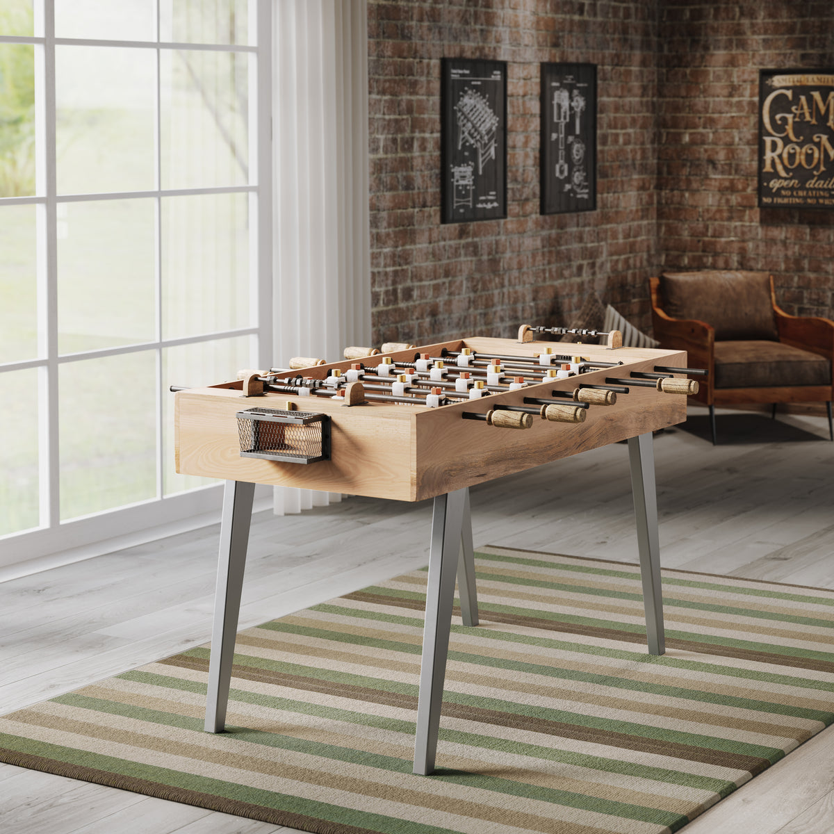 63-Inch Solid Mango Wood Foosball Game Table with Metal Legs, Brown