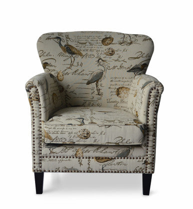 Avian Bird Pattern Upholstered Accent Chair with Nailhead Trim