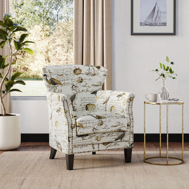 Avian Bird Pattern Upholstered Accent Chair with Nailhead Trim