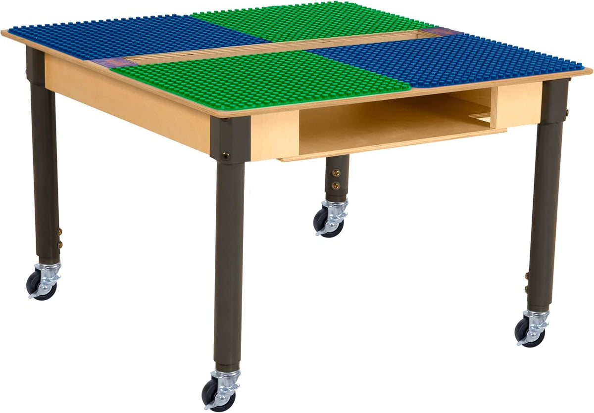 Square Time-2-Play Table with a trough and shelf, along with adjustable 18"-29" legs with locking casters and a DUPLO® Compatible Grid of BLUE/GREEN Color